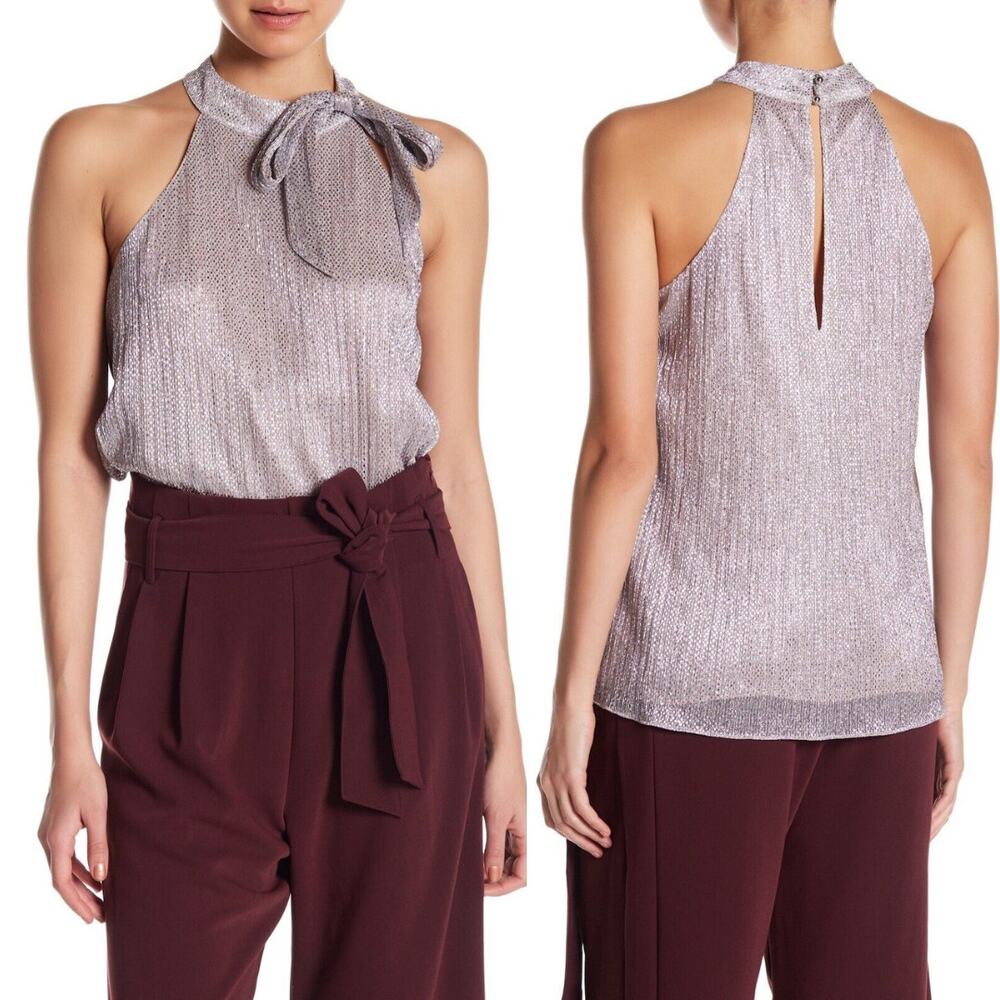 Parker | NWT Blush Pink Silver Metallic Tie Neck A-line Sleeveless Blouse
